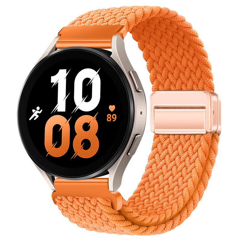 Orange nylon woven magnetic watch strap with adjustable clasp attached to a black circular smartwatch.