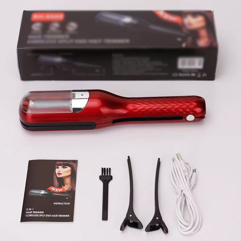 Fitlybuy red, textured split-end hair trimmer with box, manual, cleaning brush, hair clips, and charging cable.