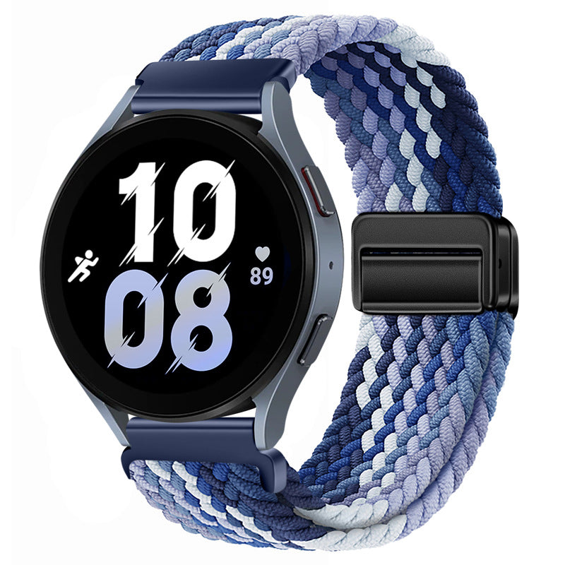 Fitlybuy blue ombre nylon braided magnetic watch strap attached to a black smartwatch display showing time.