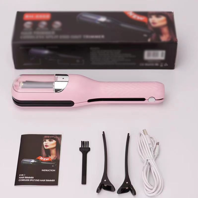 Pink Fitlybuy automatic split-end hair trimmer with box, manual, brush, clips, and charging cable on white background.