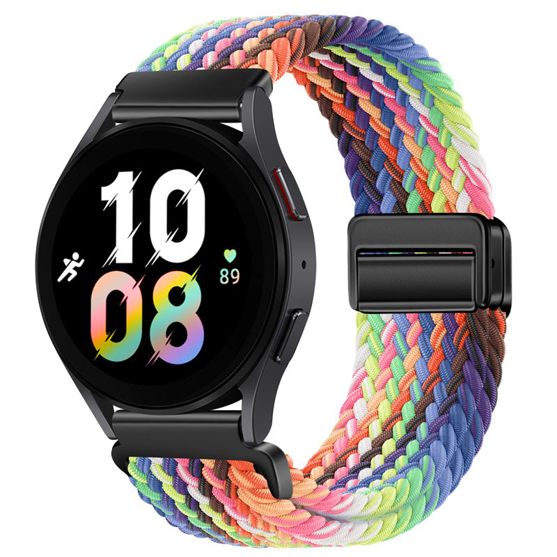 Fitlybuy rainbow woven magnetic nylon watch strap on a black smartwatch with a digital face display.