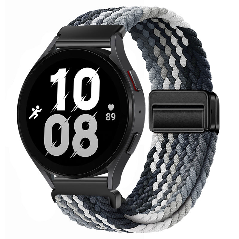 Fitlybuy grey-black braided nylon magnetic strap attached to a black smartwatch display showing 10:08.