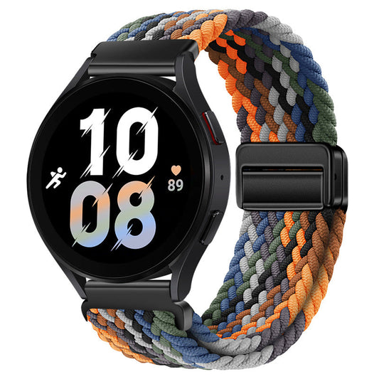Fitlybuy multicolored woven nylon magnetic watch strap on a black smartwatch with digital face.