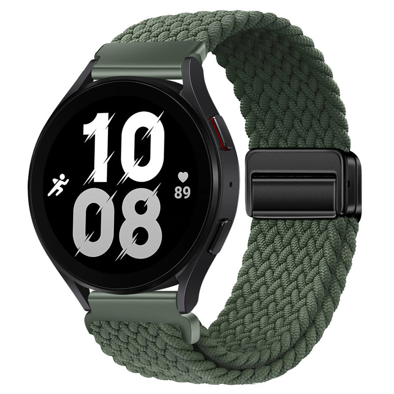 Fitlybuy green woven nylon watch strap with adjustable magnetic buckle attached to a black smartwatch face.