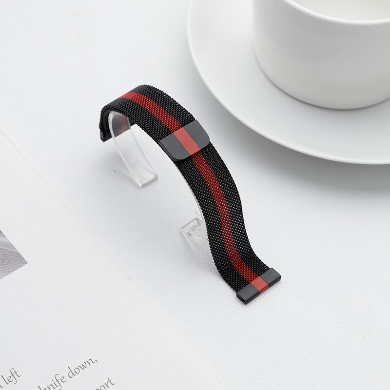 Black stainless steel Milanese mesh watch strap with a red stripe, featuring a quick-release magnetic clasp.