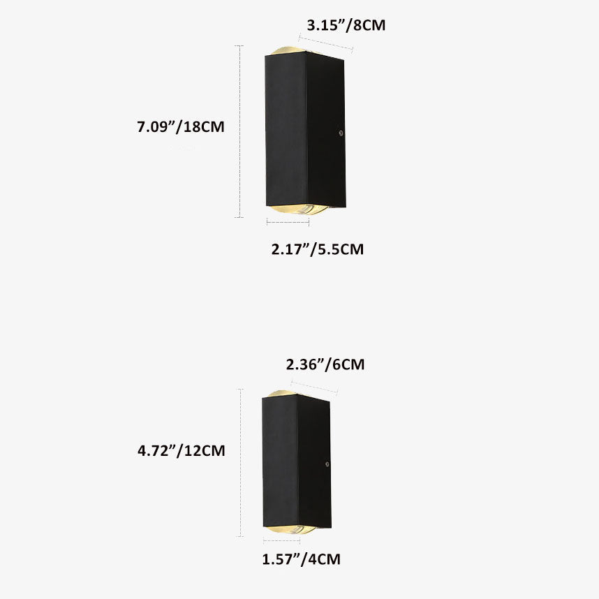 Fitlybuy black rectangular waterproof LED outdoor wall lights shown with height and width dimensions in inches and cm.