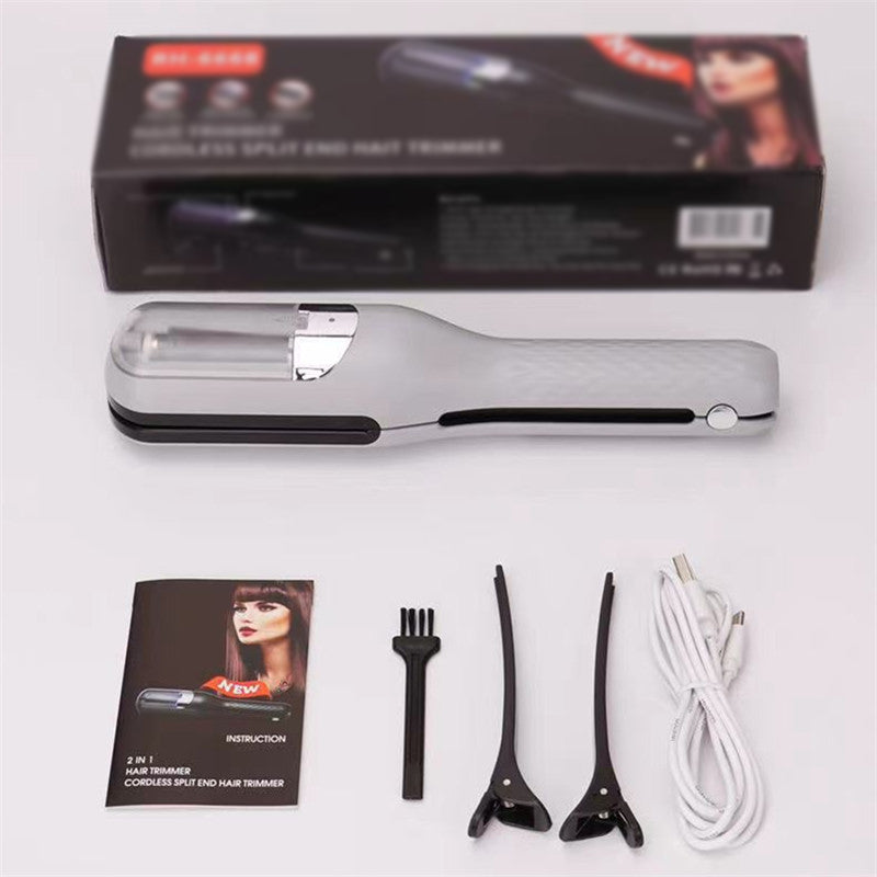 Fitlybuy silver cordless split-end hair trimmer with box, manual, brush, clips, and charging cable.