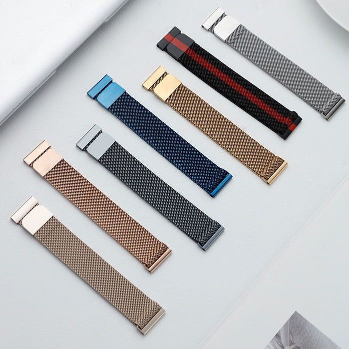 Fitlybuy Milanese stainless steel mesh watch straps in various colors with quick-release adjustable magnetic clasps.