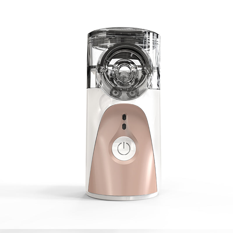 Fitlybuy portable mesh nebulizer in white and rose gold with a transparent medicine cup on a plain white background.