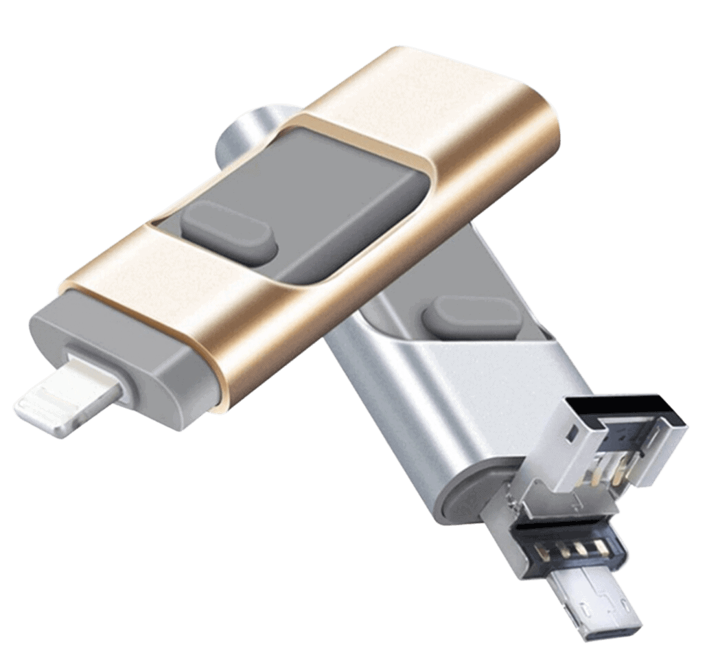 Gold and silver Fitlybuy PhoneStick multi-port backup drives with lightning, USB, and micro-USB connectors.