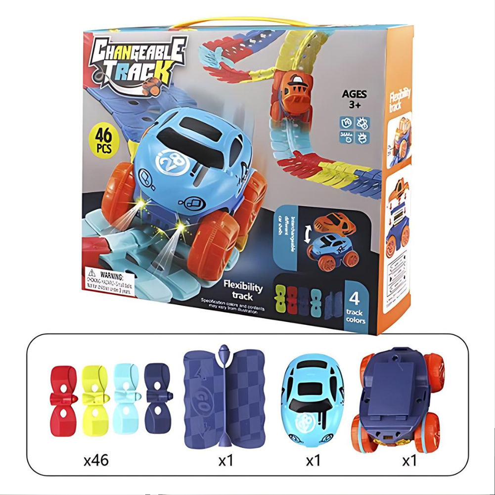 Fitlybuy MagniTrack STEM set: 46 colorful flexible track pieces and a light-up toy car in a themed display box.