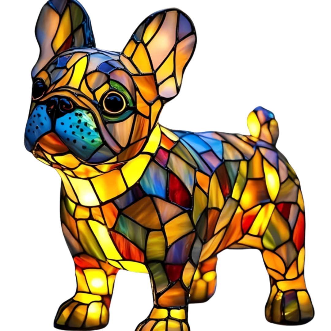 Fitlybuy GlowPaw stained-glass style French bulldog lamp with glowing, multicolored handmade acrylic mosaic pieces.