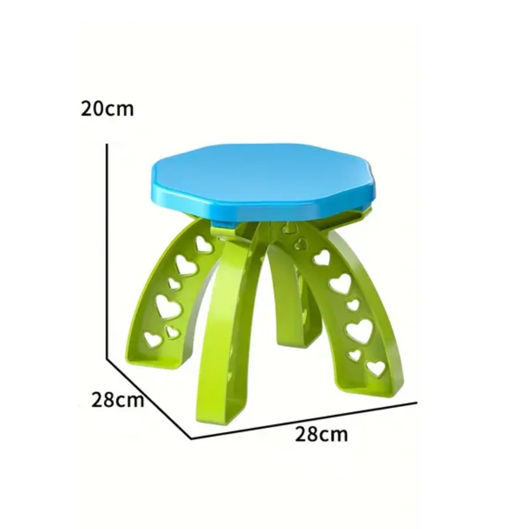 Small blue and lime green stool for the Fitlybuy SplashTower sand and water table, with heart cutouts in the legs.