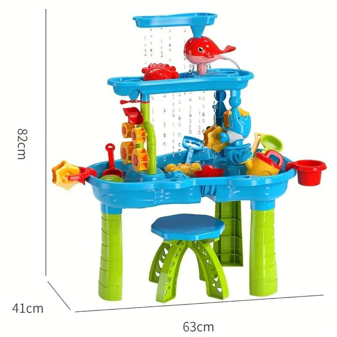 Fitlybuy 3-tier blue/green sand and water table with splash-guard, colorful toys, and dimensions labeled 82x63x41cm.