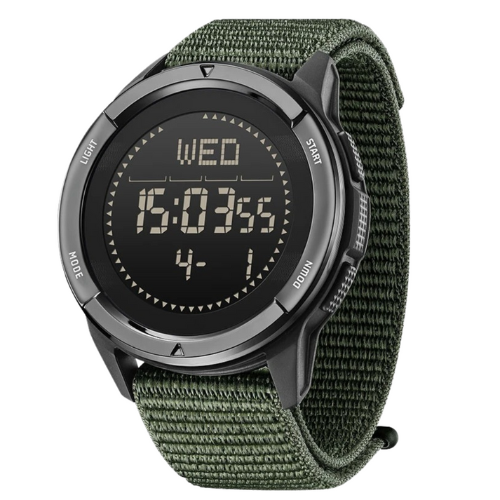 Fitlybuy carbon fiber outdoor watch with a black digital face and a durable olive green nylon strap.