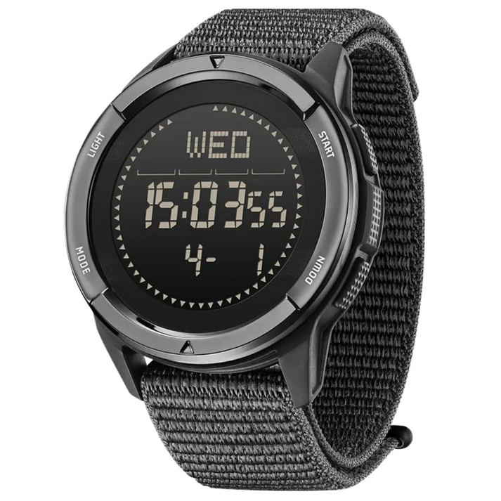 Fitlybuy black carbon fiber outdoor digital watch with a durable fabric strap and illuminated display on white background.