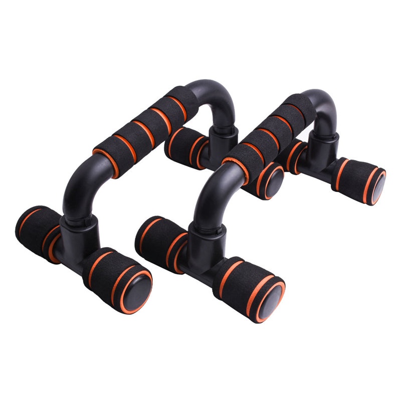 Fitlybuy non-slip push-up stands in black and orange with foam-padded ergonomic grips, set against a white background.
