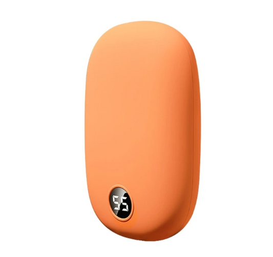 Smooth orange Fitlybuy 2-in-1 hand warmer and power bank with a digital temperature display screen.