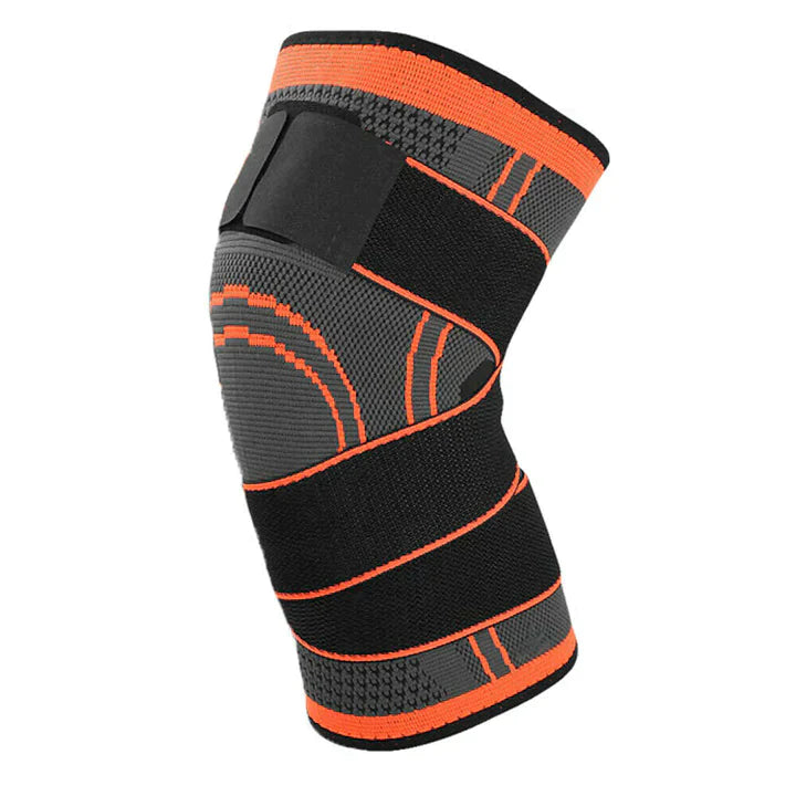 Fitlybuy knee compression sleeve in grey and orange, featuring SupportFlex technology, adjustable straps, and knit fabric.