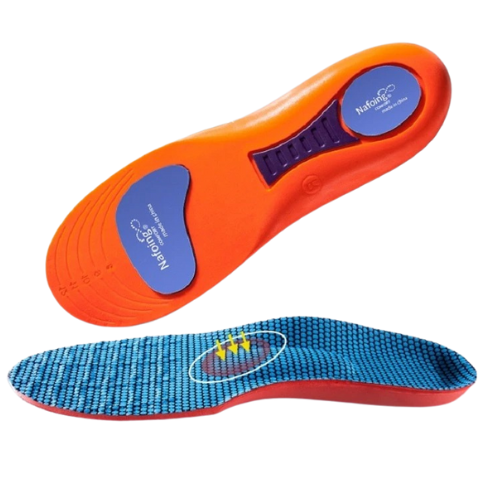 Fitlybuy orange orthopedic sports insoles with blue arch support and a blue textured, moisture-wicking top layer.