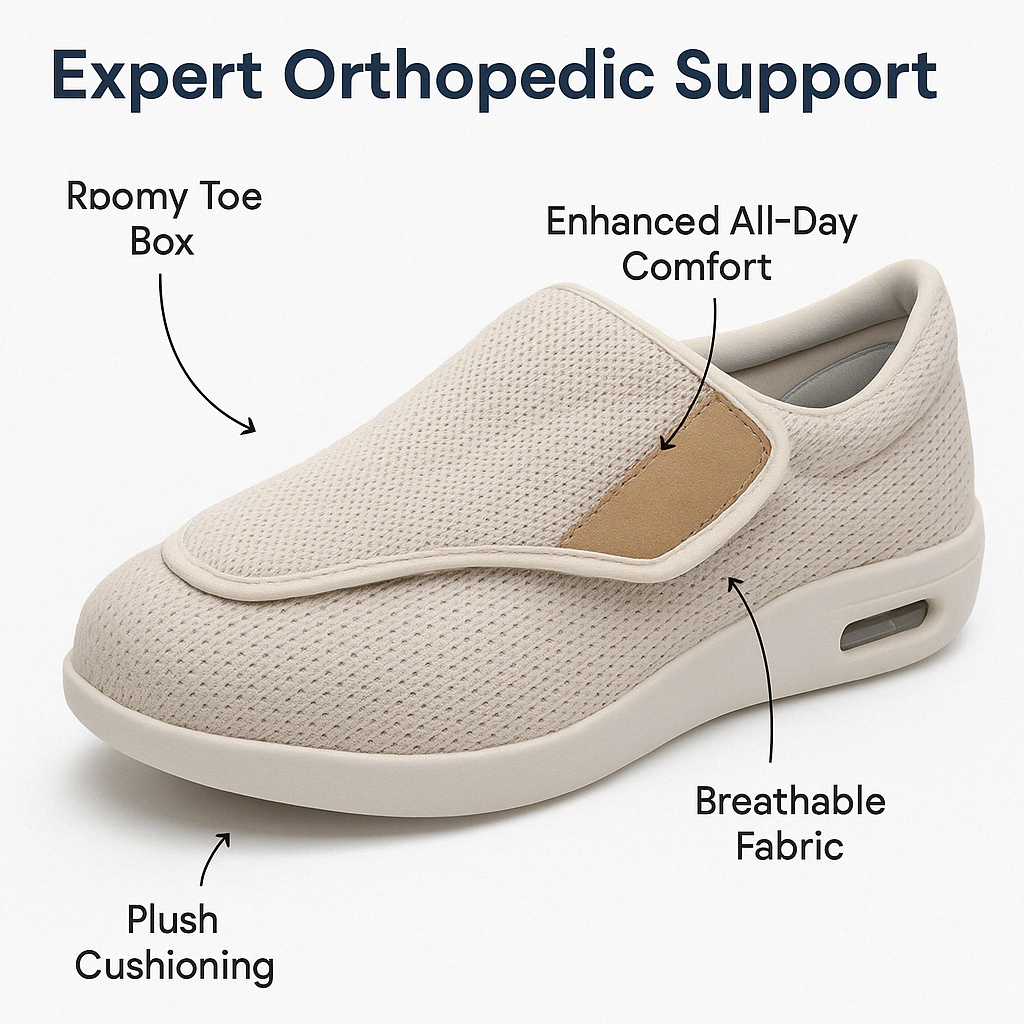 Fitlybuy ComfortStride beige orthopedic walking shoe with hook-and-loop closure, breathable mesh, and cushioned sole.
