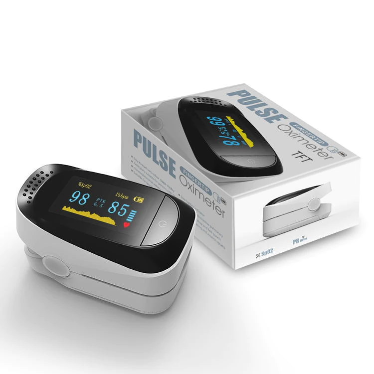 Fitlybuy portable white and black fingertip pulse oximeter with bright digital display next to its product box.