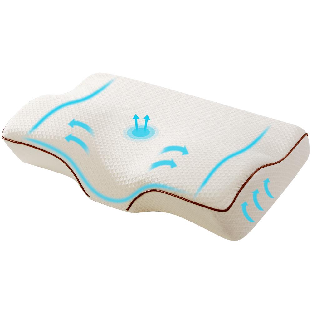 Fitlybuy Dream Align memory foam pillow, off-white with brown piping, showing ergonomic contours and airflow graphics.