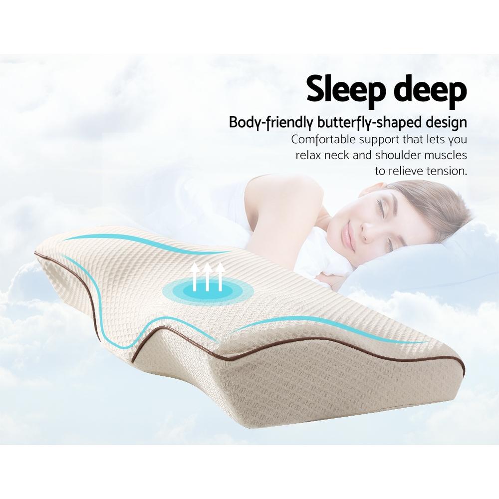 Fitlybuy Dream Align butterfly-shaped memory foam pillow in beige, featuring ergonomic neck support and a sleeping person.