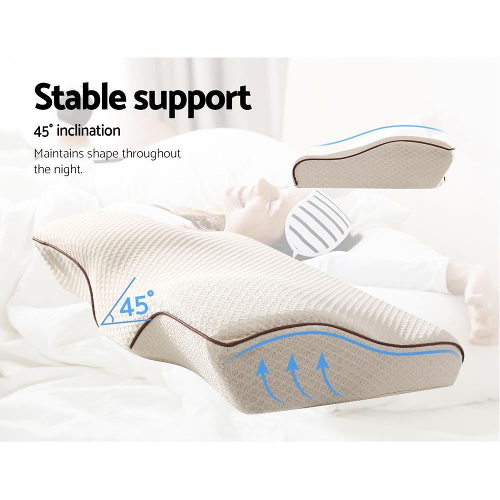 Fitlybuy Dream Align memory foam pillow with a beige, ergonomic, 45-degree sloped design for stable support.
