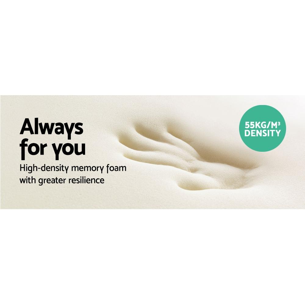 Fitlybuy Dream Align memory foam pillow with an indent showing 55kg/m³ high-density resilient adaptive support.