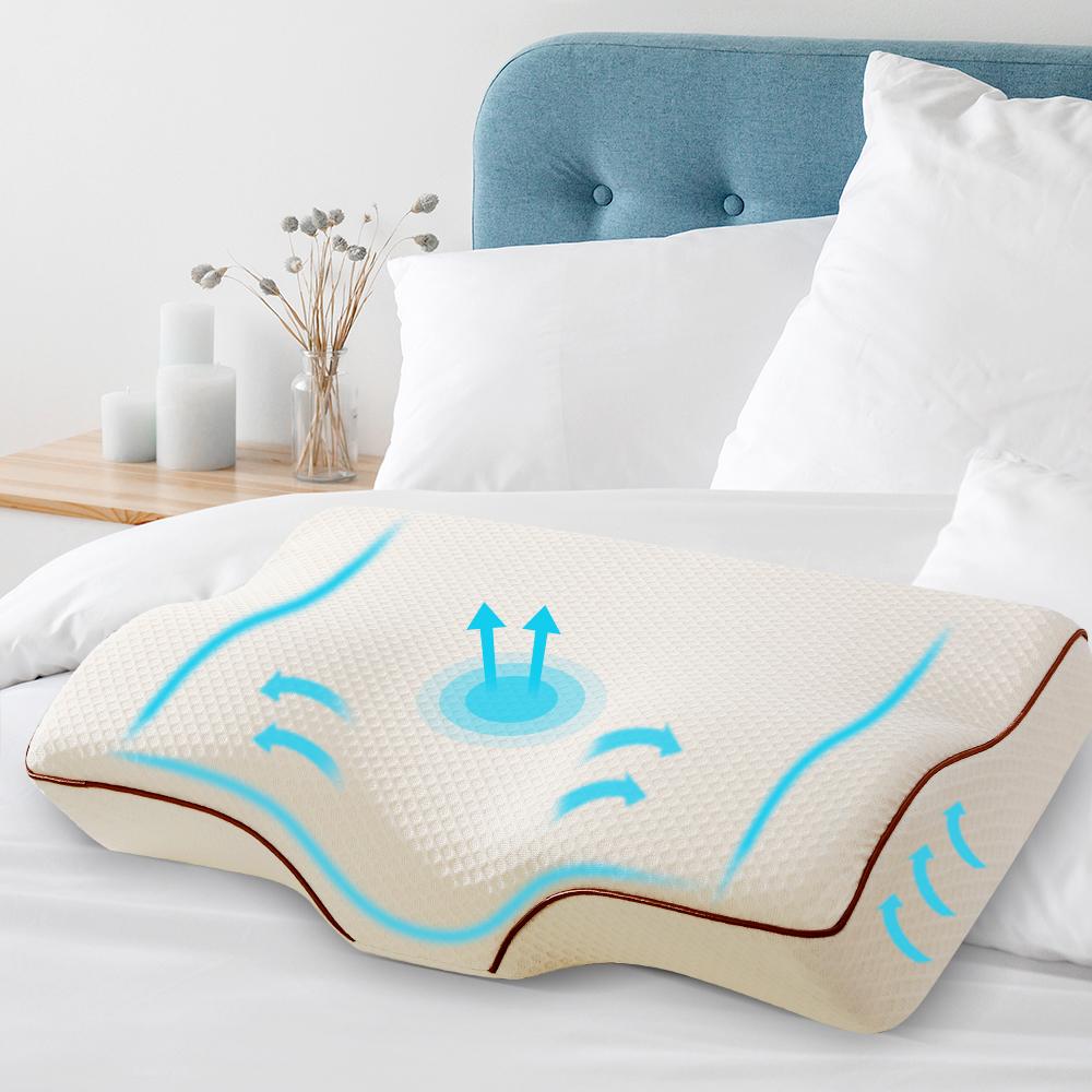 Fitlybuy Dream Align memory foam pillow with adaptive support, shown on a white bed with blue light airflow graphics.