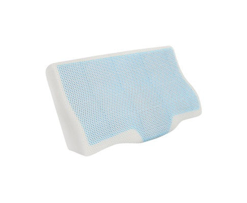 Fitlybuy white memory foam contour pillow with a blue perforated cool gel layer, isolated on a white background.
