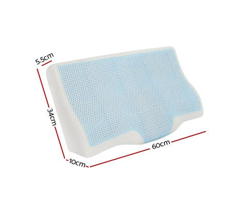 Fitlybuy memory foam contour pillow with blue cool gel surface and dimensions 60x34x10cm labeled on white background.