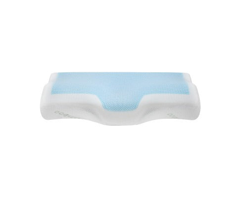 Fitlybuy memory foam contour pillow in white with a central blue cool gel cooling top panel on a white background.