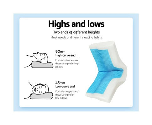 Fitlybuy memory foam contour pillow with blue cool gel, showing high and low curves for back and side sleeping positions.