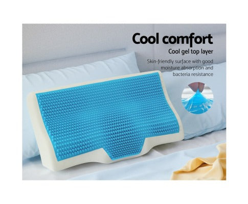 Fitlybuy white memory foam contour pillow with a blue textured cool gel top layer, displayed on a bed.