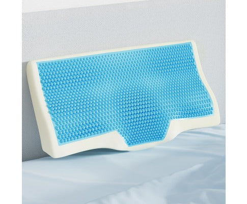 Fitlybuy white memory foam contour pillow with a textured blue cooling gel layer on a bed.