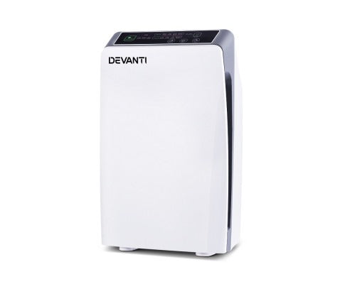White Devanti Air Purifier with HEPA filtration technology, featuring a digital top control panel on a white background.