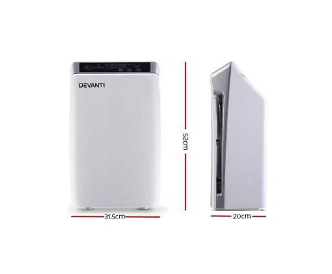 White Fitlybuy Air Purifier X100, showing front and side views with digital display and dimensions labeled.