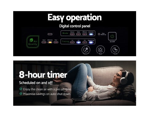 Fitlybuy X100 Air Purifier digital control panel with timer settings, shown with a person relaxing on a couch nearby.