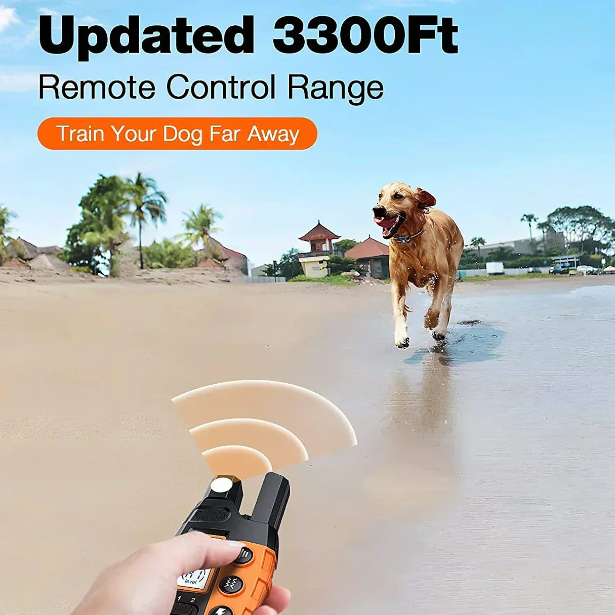 Fitlybuy dog training collar remote with 3300ft range shown on a beach with a running dog. Black and orange device.