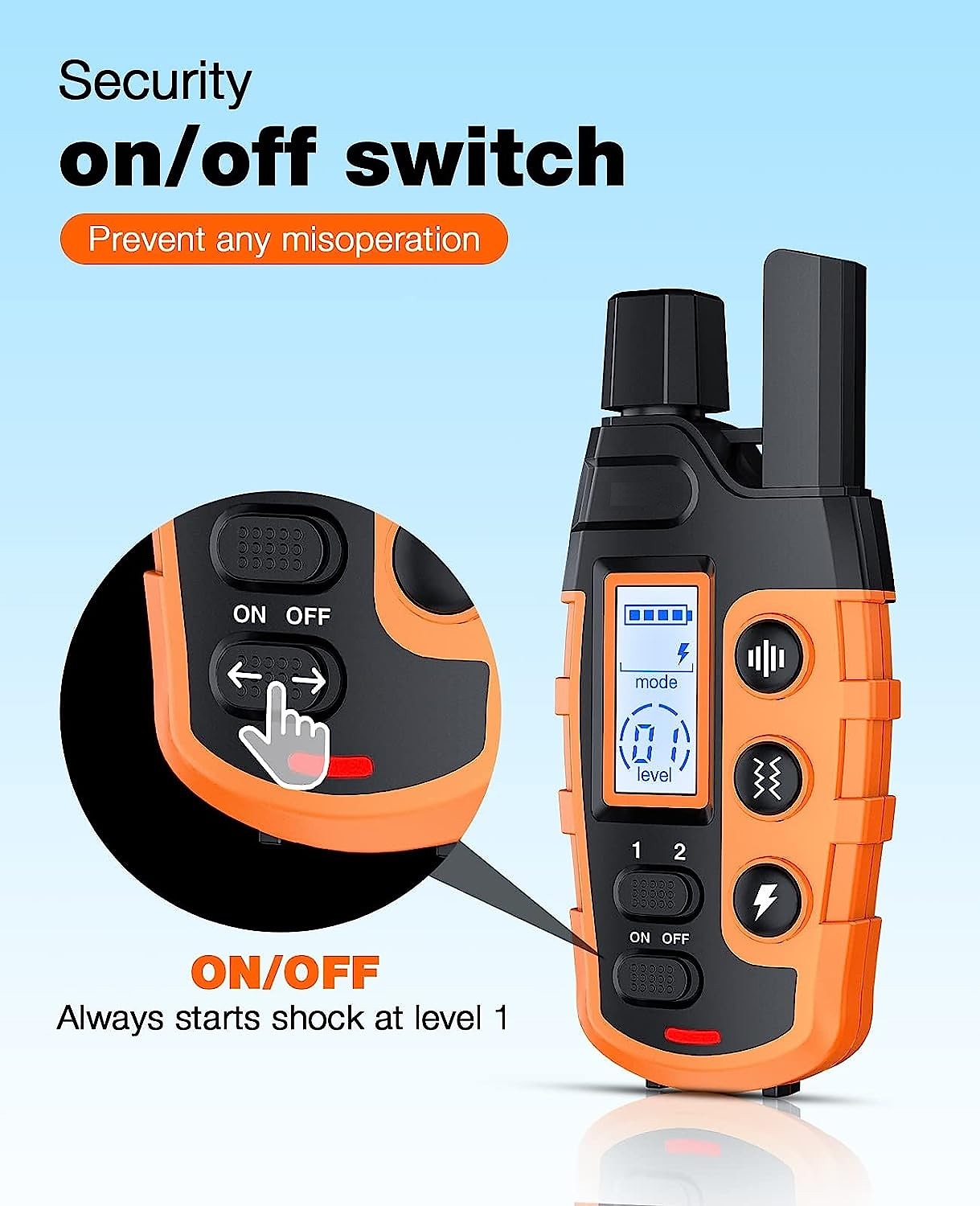Fitlybuy orange and black dog training collar remote with digital display, buttons, and safety on/off switch.