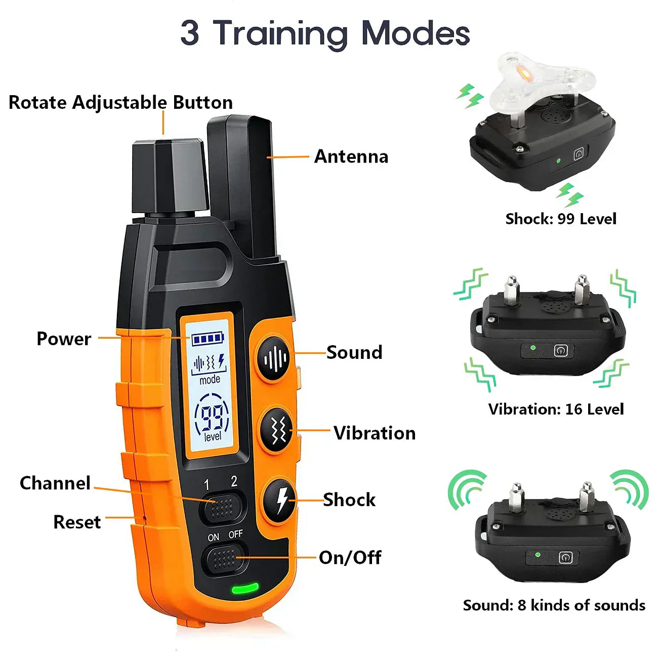 Fitlybuy dog training collar remote with orange/black casing, featuring sound, vibration, and shock modes with LCD screen.