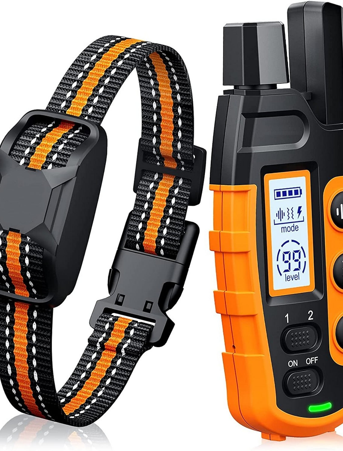 Fitlybuy waterproof dog training collar with black and orange strap and remote control with digital display.