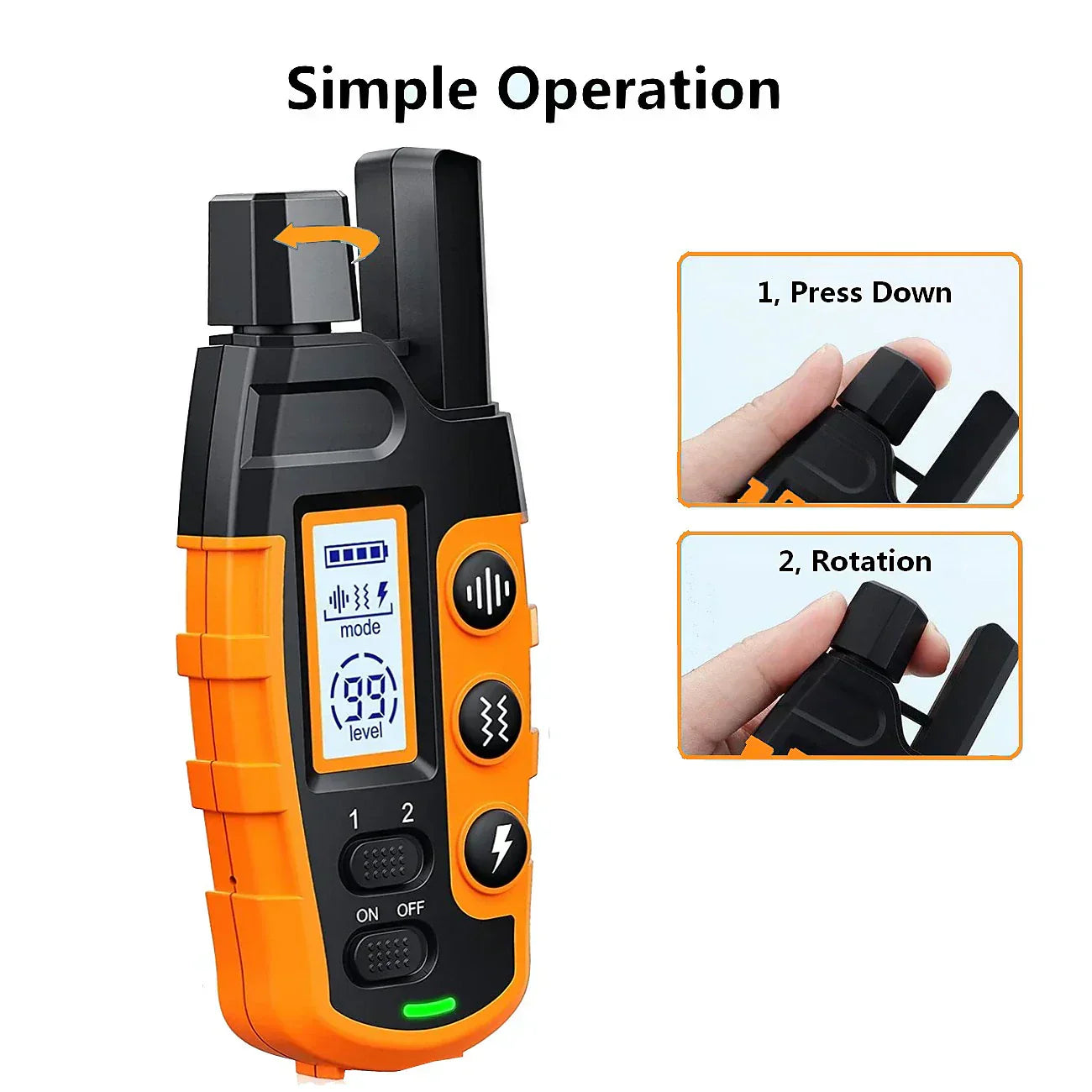 Black and orange Fitlybuy dog training remote with LCD screen, featuring side-dial level adjustment instructions.
