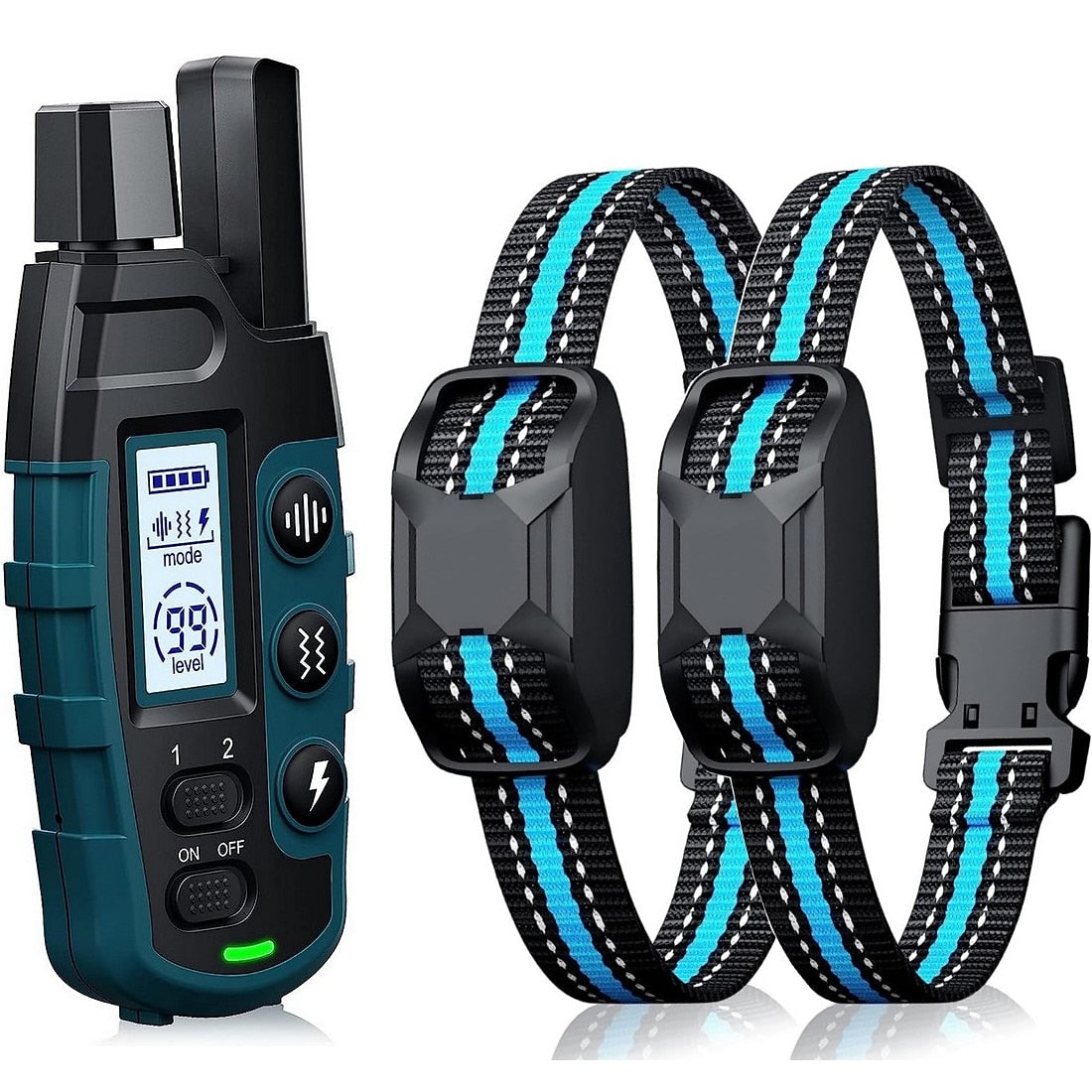 Fitlybuy dog training collar set: black/teal remote with digital screen and two matching waterproof, rechargeable collars.