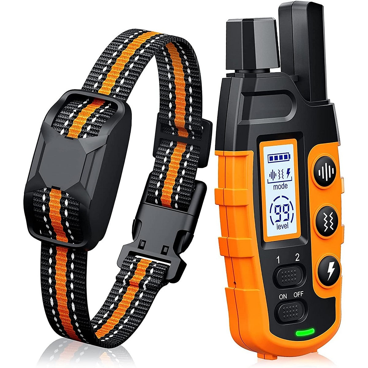 Fitlybuy black and orange waterproof dog training collar and remote control with digital display and training buttons.
