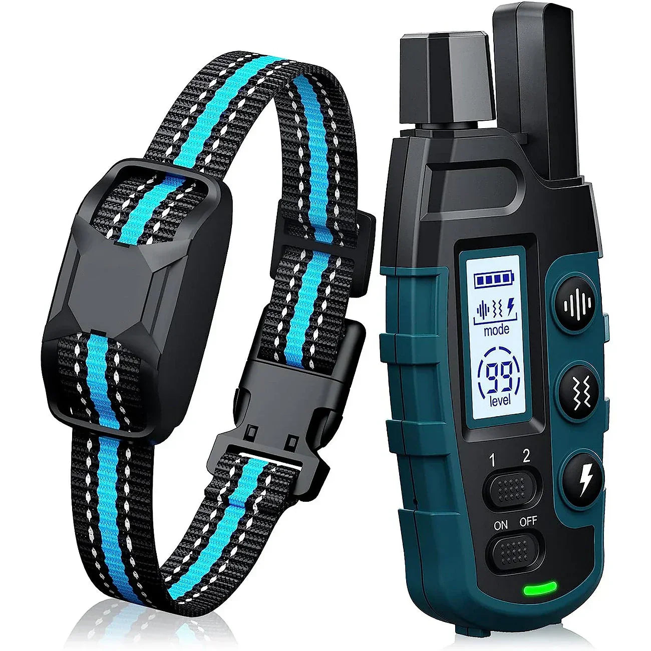 Fitlybuy waterproof dog training collar with black and blue strap and remote control featuring digital LCD display.
