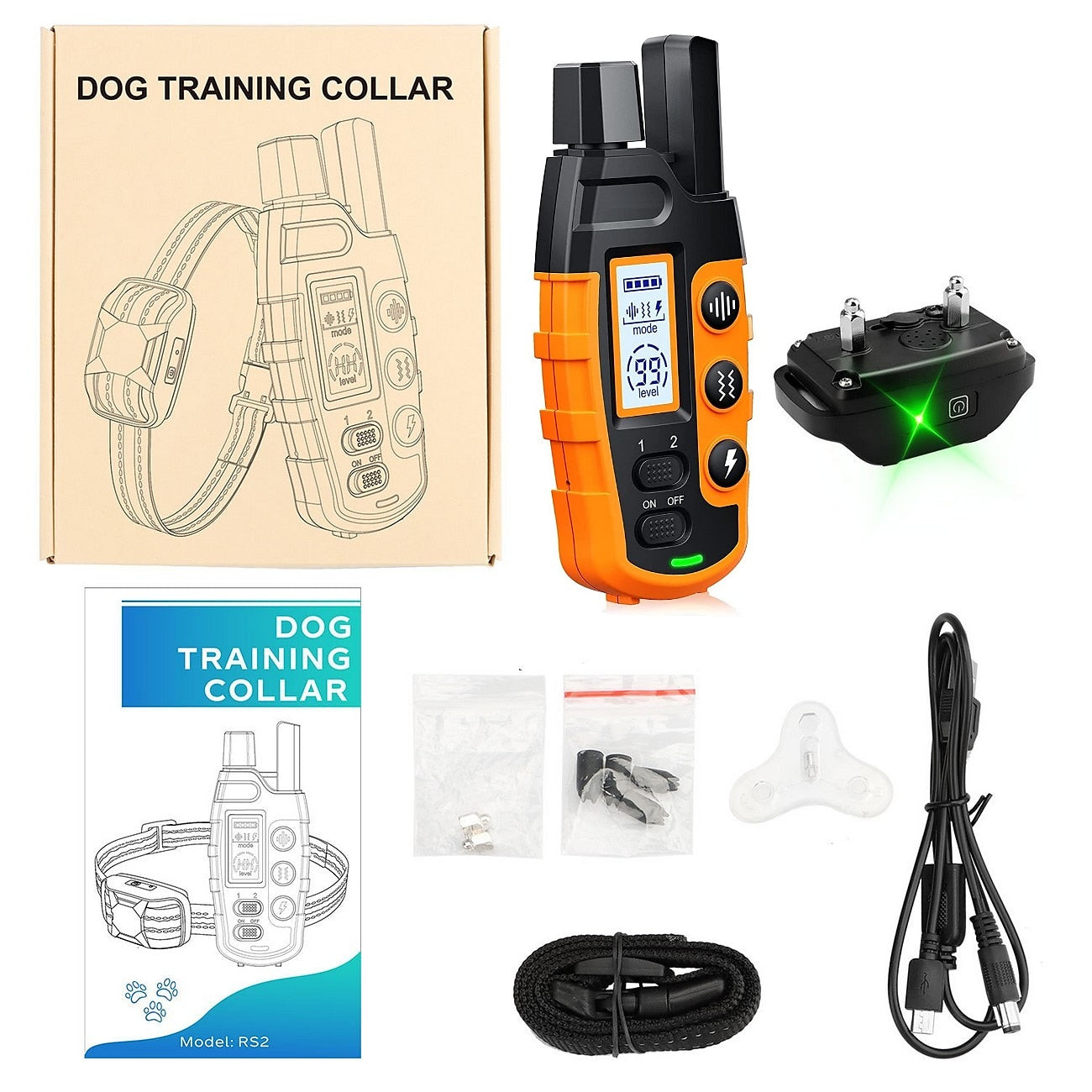 Fitlybuy waterproof dog training collar with orange/black remote, collar receiver, manual, and charging accessories.