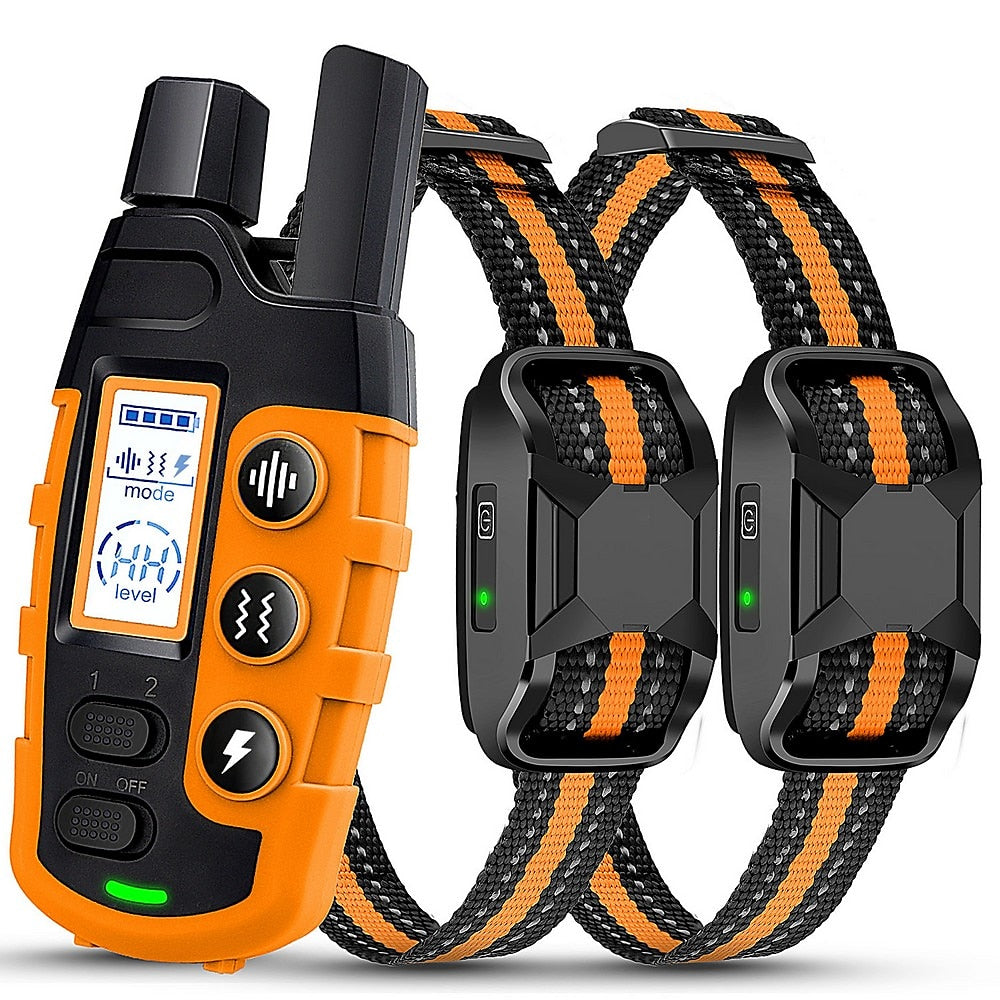 Fitlybuy remote and two black and orange waterproof dog training collars with digital display and control buttons.